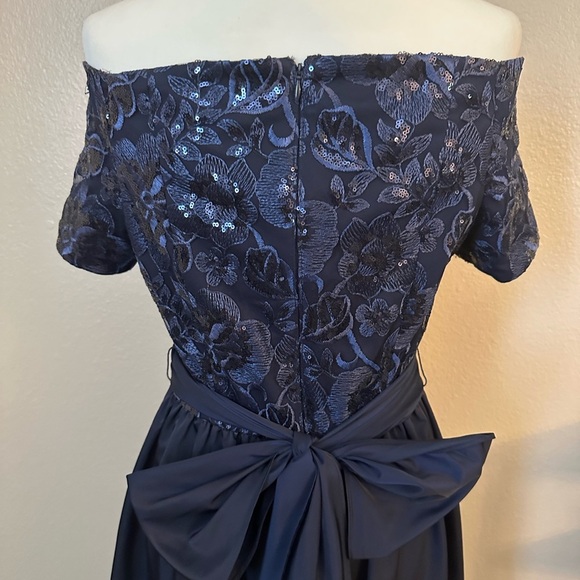 Elegant Adrianna Papell Navy Blue Off Shoulder High Low Lace Dress - Picture 4 of 9